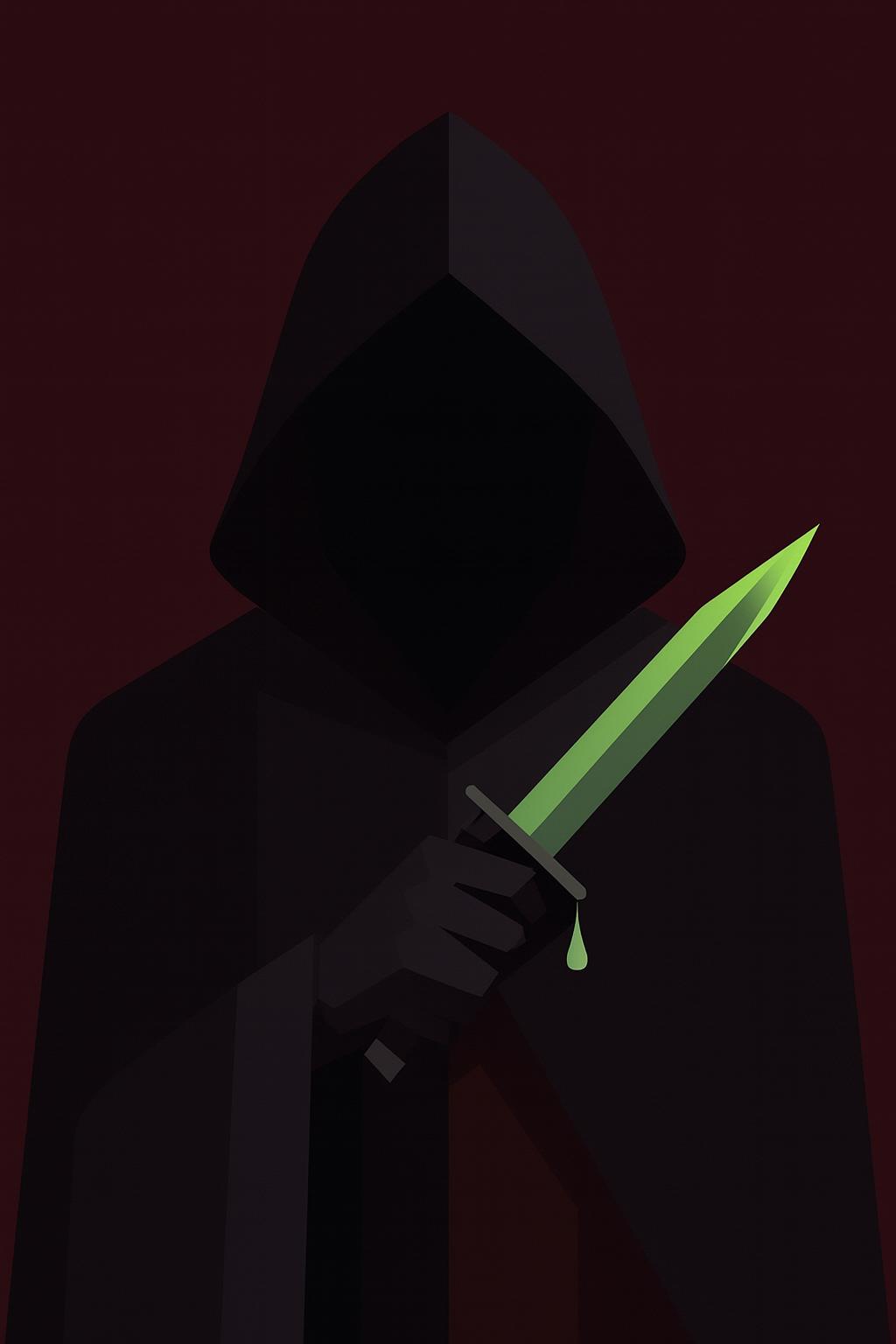 Hooded figure with glowing neon-green sword dripping green liquid