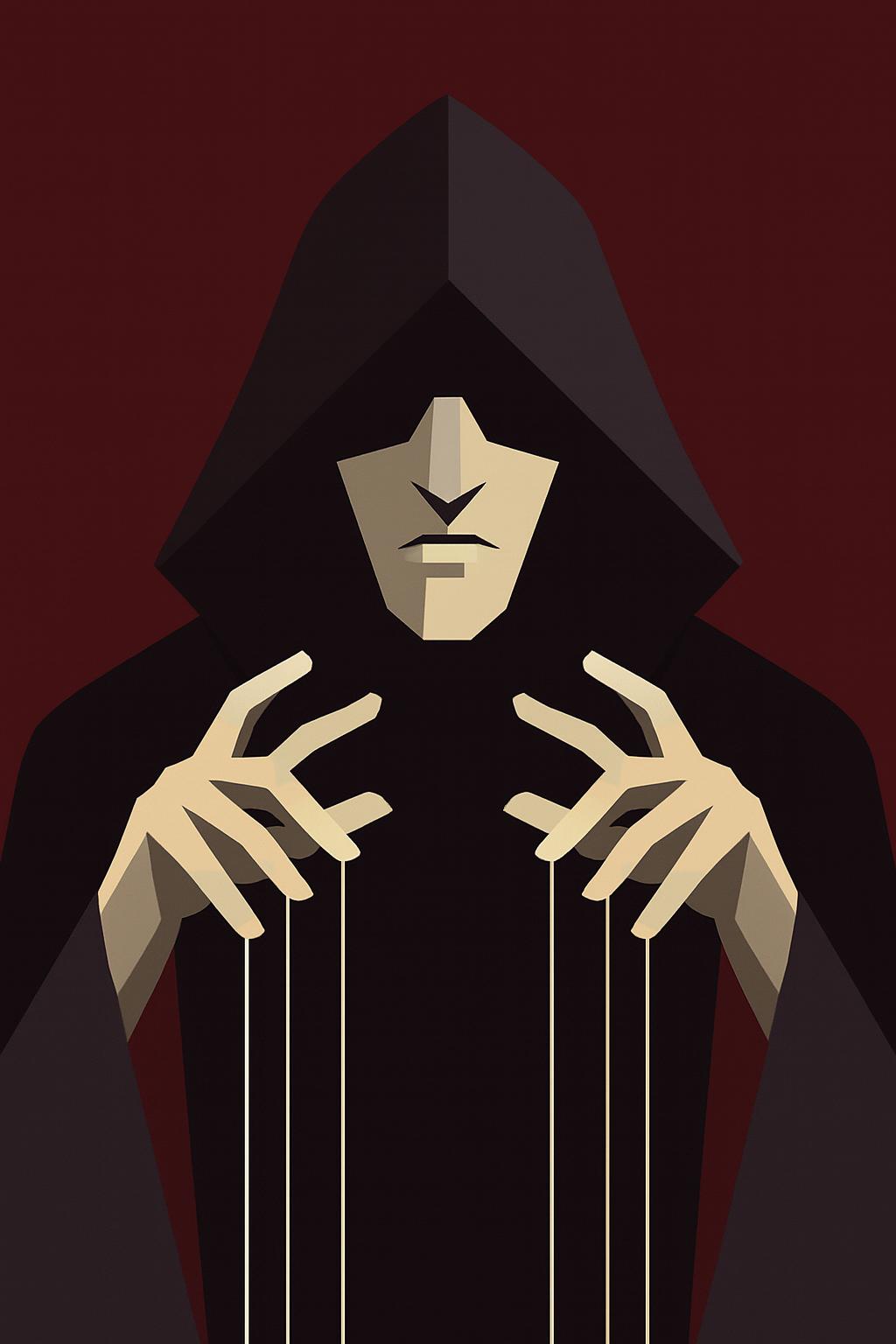 Hooded puppet-master with pale geometric face; strings attached to hands.