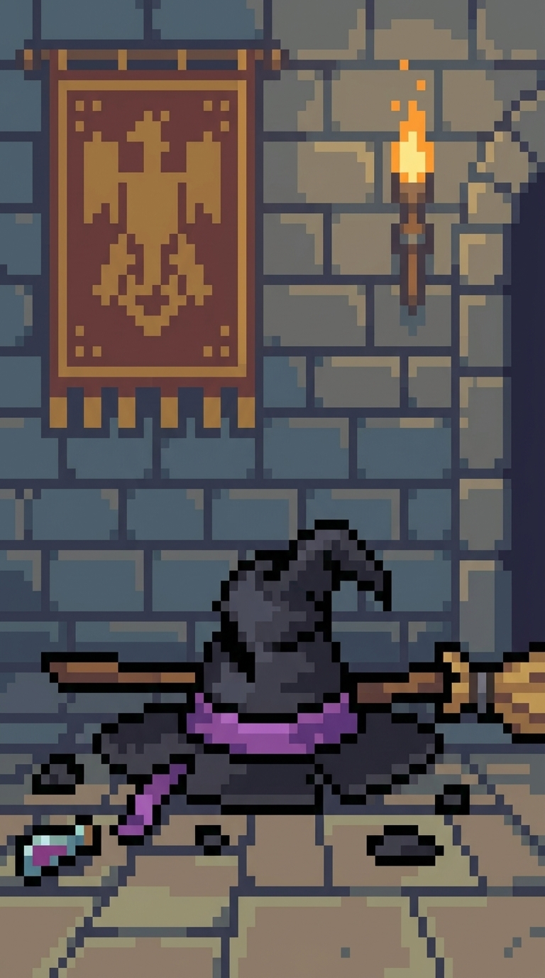 Dark wizard in cloak with purple scarf lying; staff, potion bottle, torch, banner