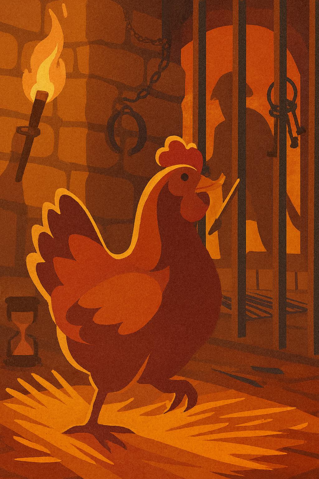 Cartoon rooster with red comb in a jail cell with bars.