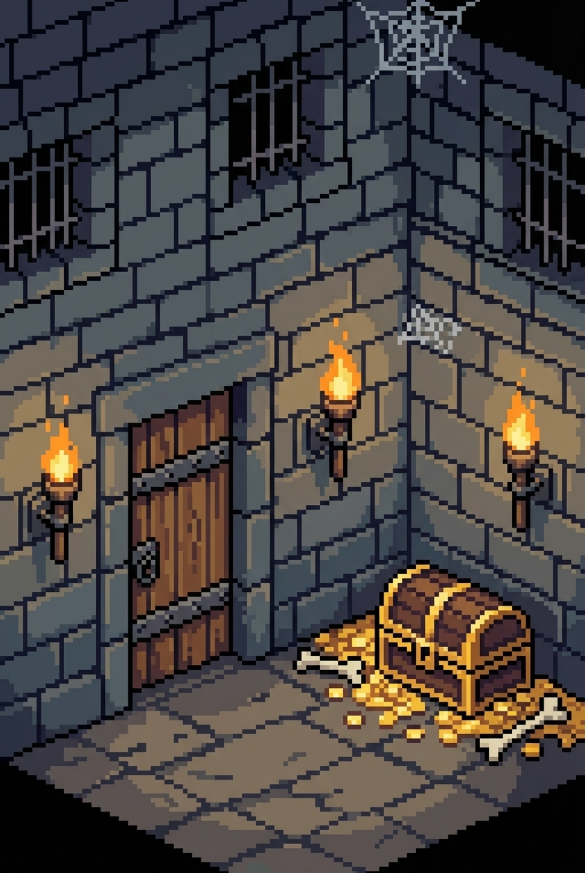Treasure chest with gold coins and bones; three wall torches; wooden door.