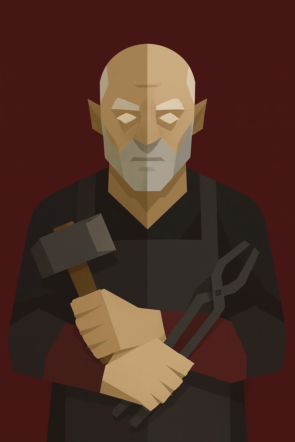 Bald elderly man with gray beard, holding hammer and pitchfork.