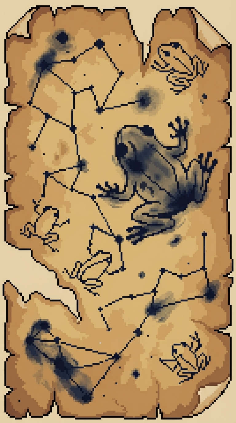 Large central frog with several smaller frogs on a parchment map with constellations.