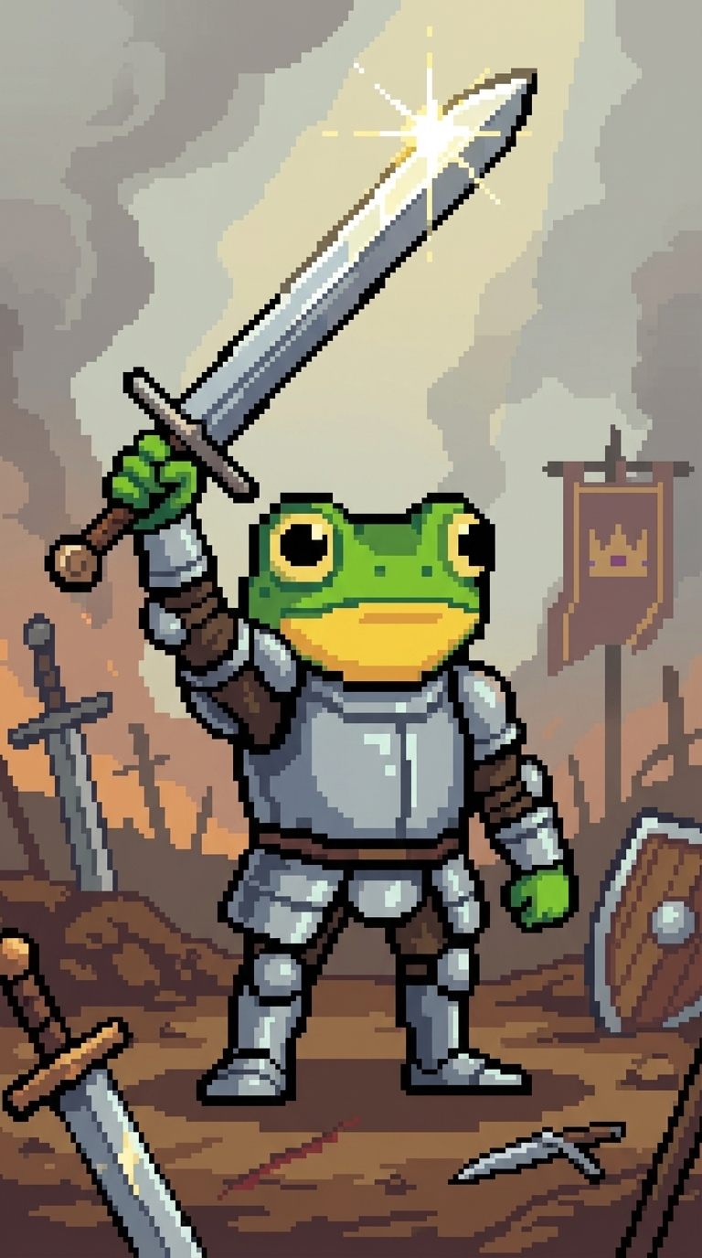 Green frog knight in silver armor raises a sword; shield and swords on ground.