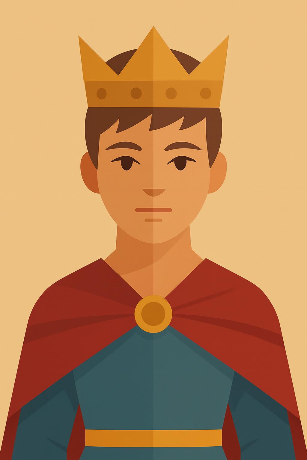 Prince wearing crown and red cape with gold brooch; teal tunic.