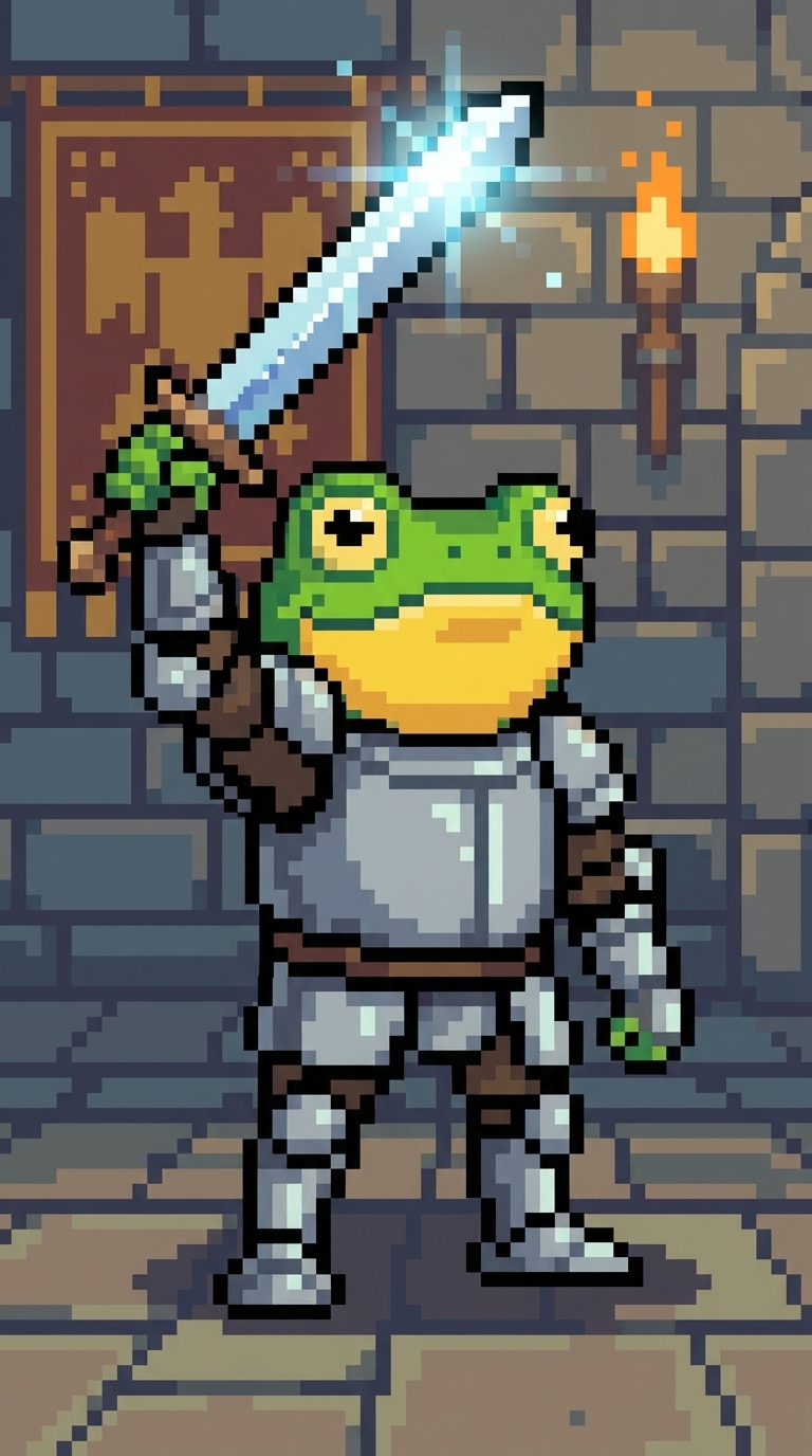 Armored frog knight with a glowing blue sword.