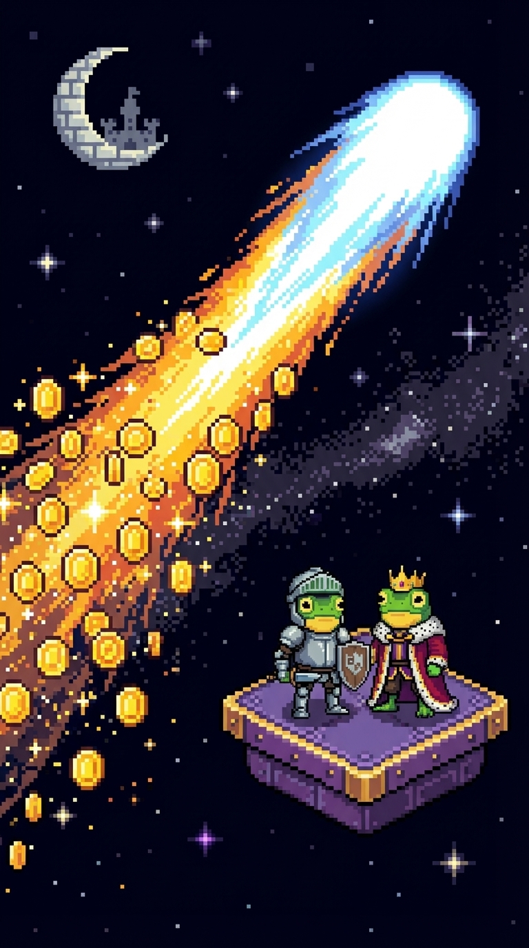Two frog princes: armored knight and crowned king, on a purple platform; coin meteor.