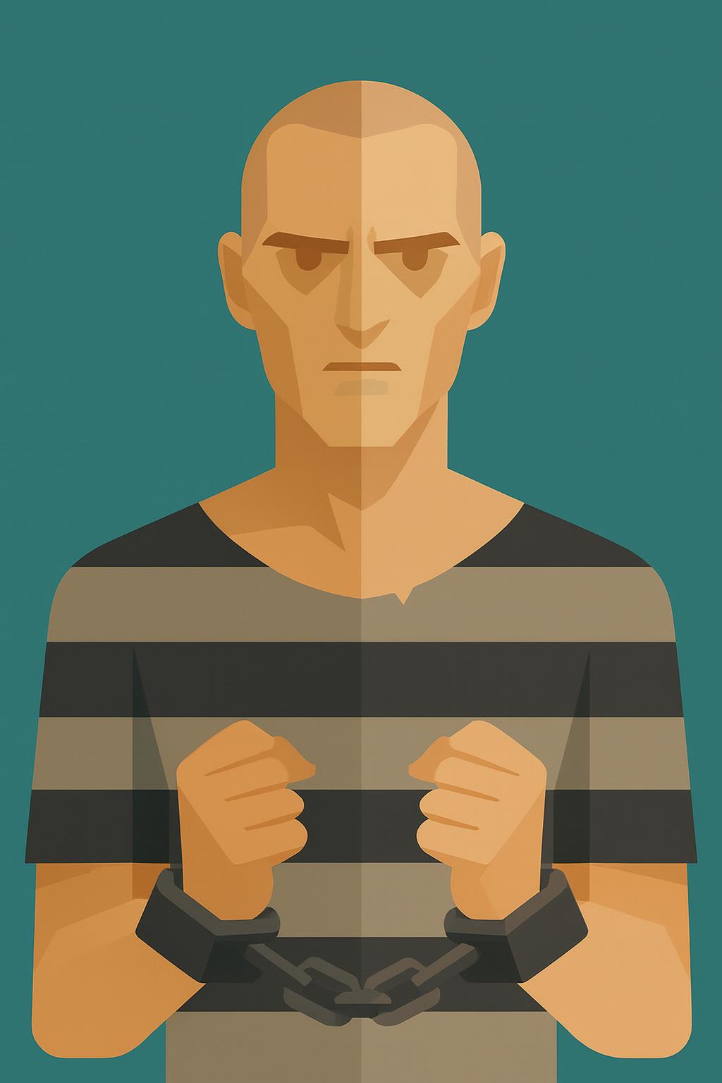 Bald man; prisoner in striped shirt; hands bound with chained cuffs.