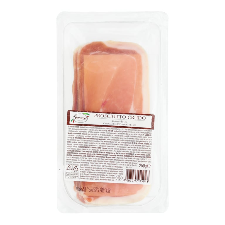 FIORUCCI PROSCIUTTO CRUDO SUROWA DOJRZEWAJĄCA SZYNKA WIEPRZOWA KROJONA PLASTRY 250 GRAMÓW