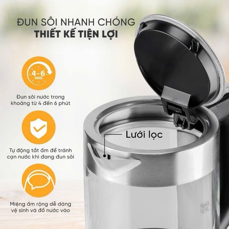 ẤM SIÊU TỐC THUỶ TINH CAO CẤP LEBENLANG 500Ml LBL2809 ĐỨC