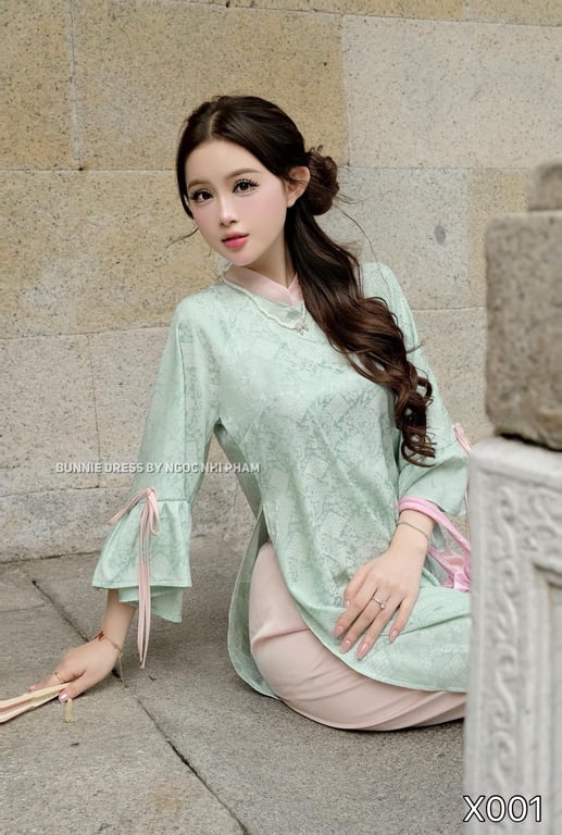 X001- áo dài xanh viền hồng nana baobei