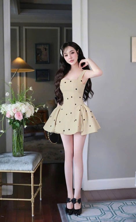 Chấm bi nâu kem ( size S Chouchou)