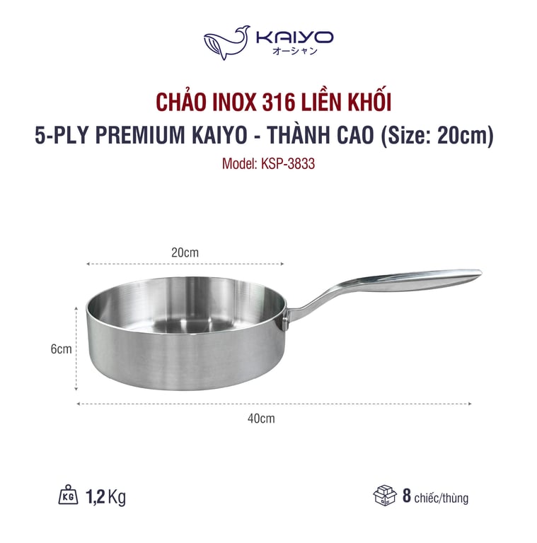 Chảo inox 316 liền khối 5-ply Premium Kaiyo - thành cao