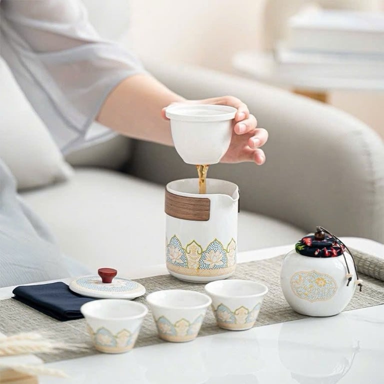 BỘ HỘP TRÀ SỨ KÈM TÚI DA CAO CẤP DẠNG HỘP phong cách Nhật Bản (6 món)