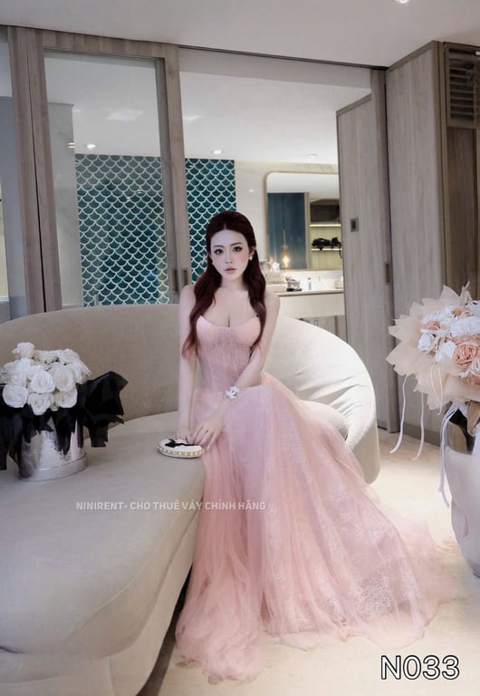 N033- váy hồng dài cúp ngực