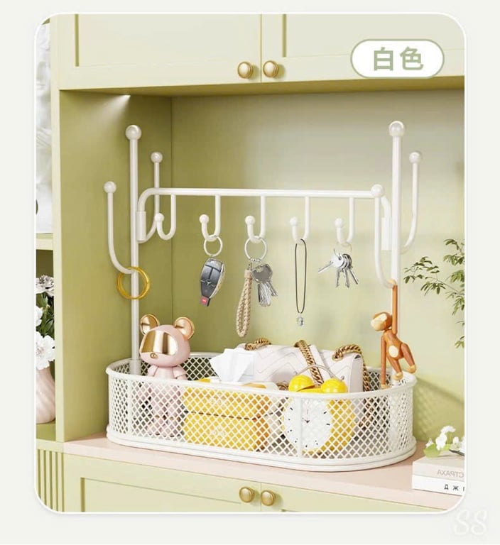 Kệ Inox 2 Tầng Có Thanh Cheo Kèm 5 Móc Tiện Lợi