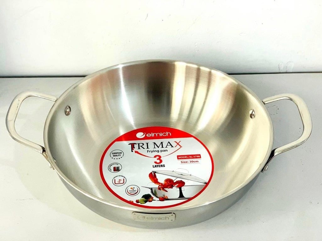 CHẢO XÀO INOX CAO CẤP 3 LỚP ĐÁY LIỀN ELMICH TRIMAX size 28-30