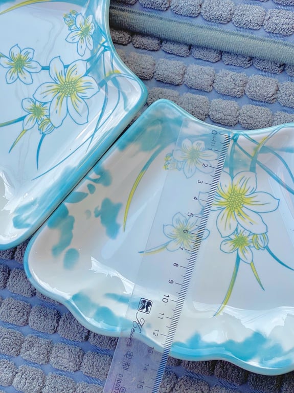 Bộ bát đĩa hoa mặt trời hoa văn xanh thanh thiên