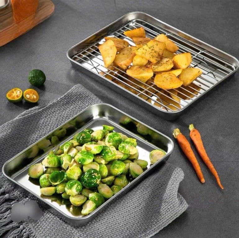 Khay inox chữ nhật kèm vỉ lưới 1 set 1 khay 1 vỉ