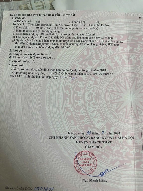 80.6m2 Tân Xã, Thạch Thất, Hòa Lạc. Sẵn 60m2 thổ cư, còn lại đất CLN