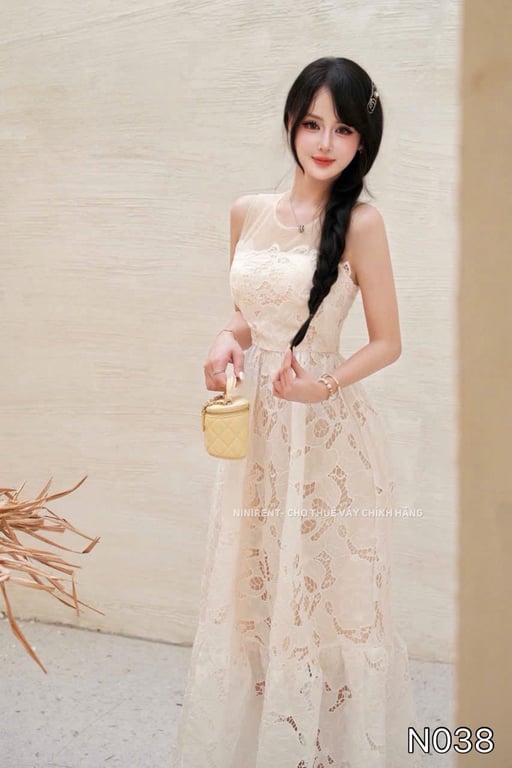 N038- váy ren voan trắng