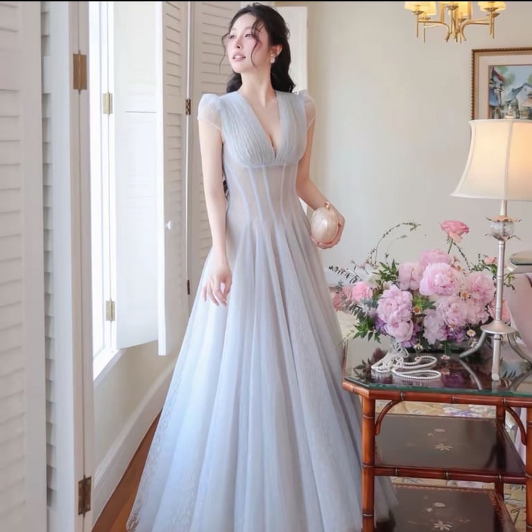 Đầm ren dự tiệc 3 lớp xanh