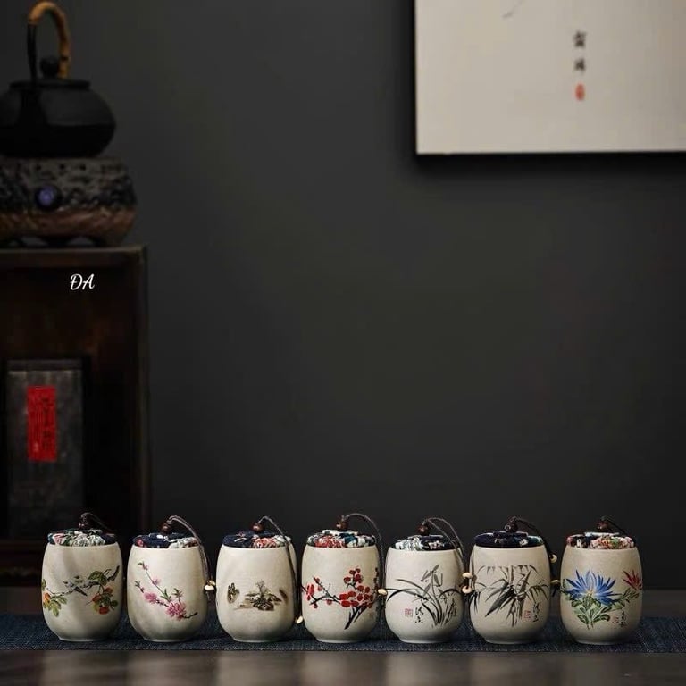 Hũ đựng trà gốm thô họa tiết hoa Mai_Lan_Cúc_Trúc