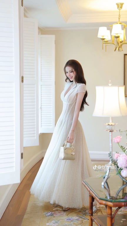 Trân Ali - Váy kem cổ V ren lưới - 2 size S M