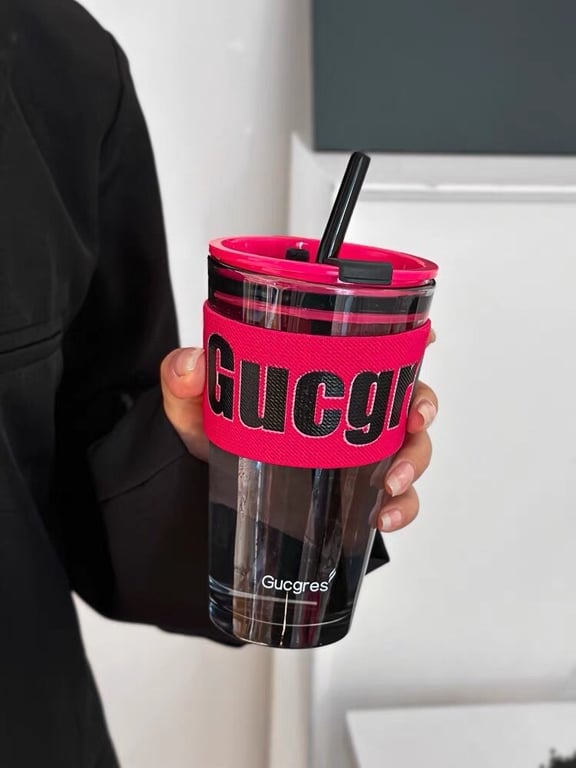 Cốc thủy tinh kèm bọc vải cao cấp có nắp và ống hút thủy tinh