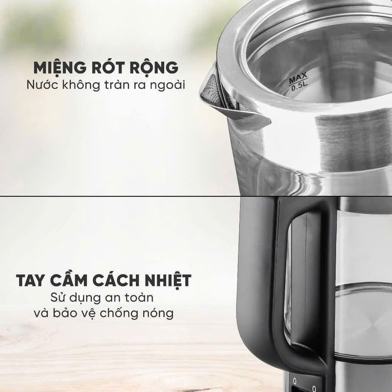 ẤM SIÊU TỐC THUỶ TINH CAO CẤP LEBENLANG 500Ml LBL2809 ĐỨC