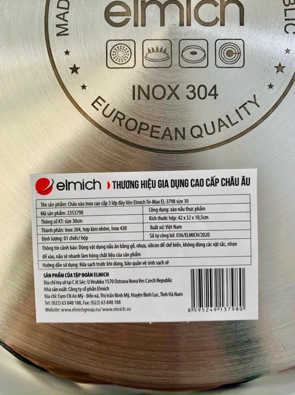 CHẢO XÀO INOX CAO CẤP 3 LỚP ĐÁY LIỀN ELMICH TRIMAX size 28-30