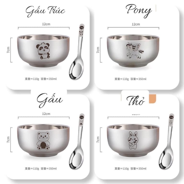 Bát kèm thìa ăn dặm cho bé inox 304 hoạ tiết hình thú