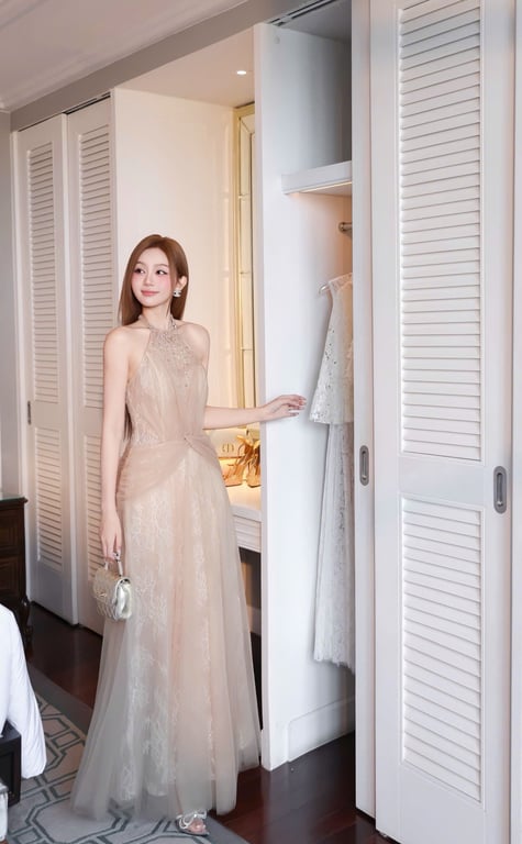 Trân Ali - Váy cổ yếm nâu đính đá phối ren - sz S