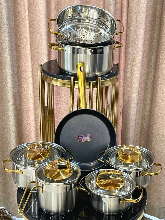 Bộ nồi inox 3 đáy 7 món kèm xửng hấp Gold Max