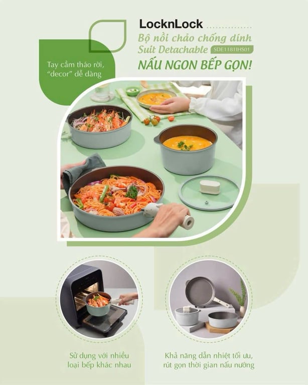 Bộ nồi chảo chống dính Suit Lock&Lock Detachable 18cm - 22cm - 26cm một tay cầm có thể tháo rời SDE1181IHS01