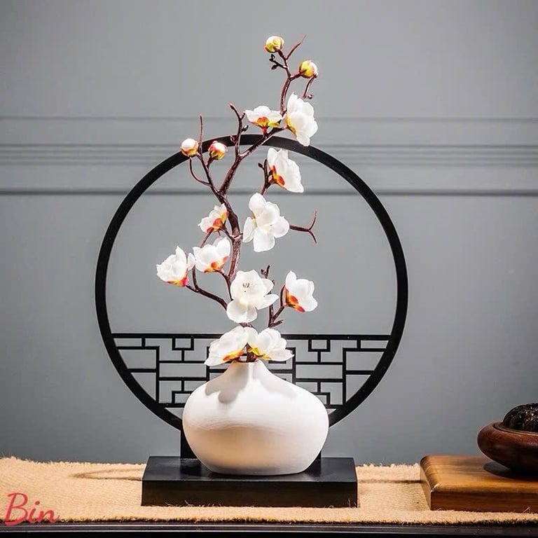 Bộ Bình Hoa Gốm Cao Cấp Kèm Bình Phong Cổ Trang Decor Tết 2025