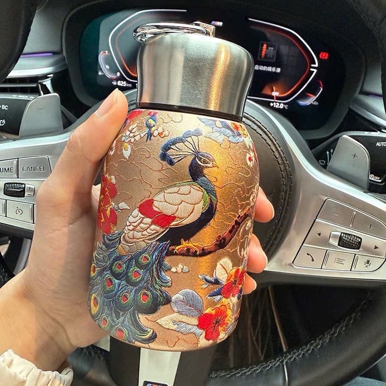 BÌNH GIỮ NHIỆT INOX 316 MINI 300ML CÓ QUAI XÁCH HỌA TIẾT HOA VINTAGE