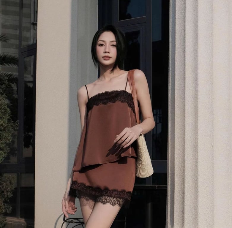 Full set chân váy lụa ren nâu