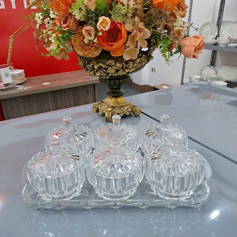 BỘ 6 HỘP MỨT TẾT THUỶ TINH KÈM KHAY
