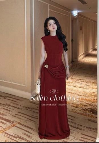 Váy dài đỏ cộc tay chít eo size M - DT165