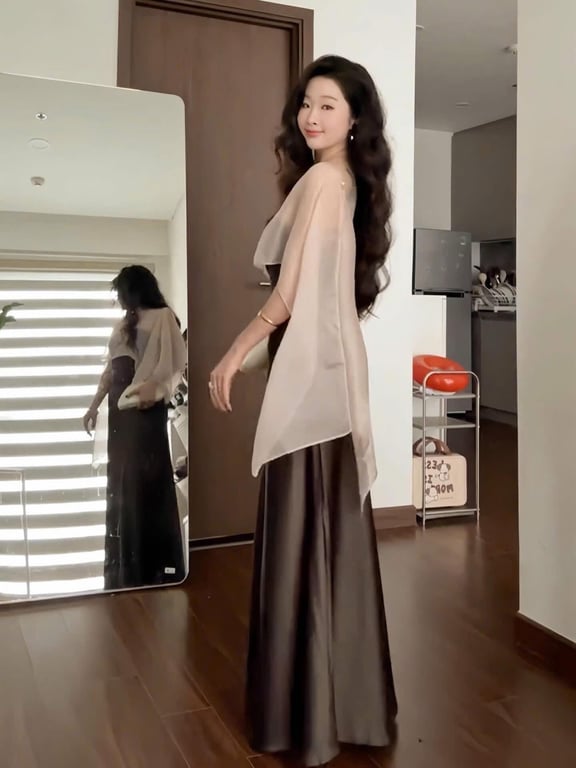 Váy lụa nâu khoác voan be - DT182