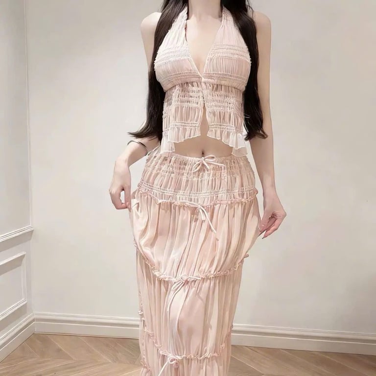 Váy tơ maxi đi biển Hồng