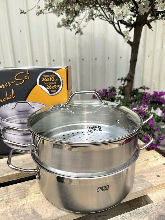 XỬNG HẤP INOX LEBENLANG VUNG KÍNH size 26cm-28cm