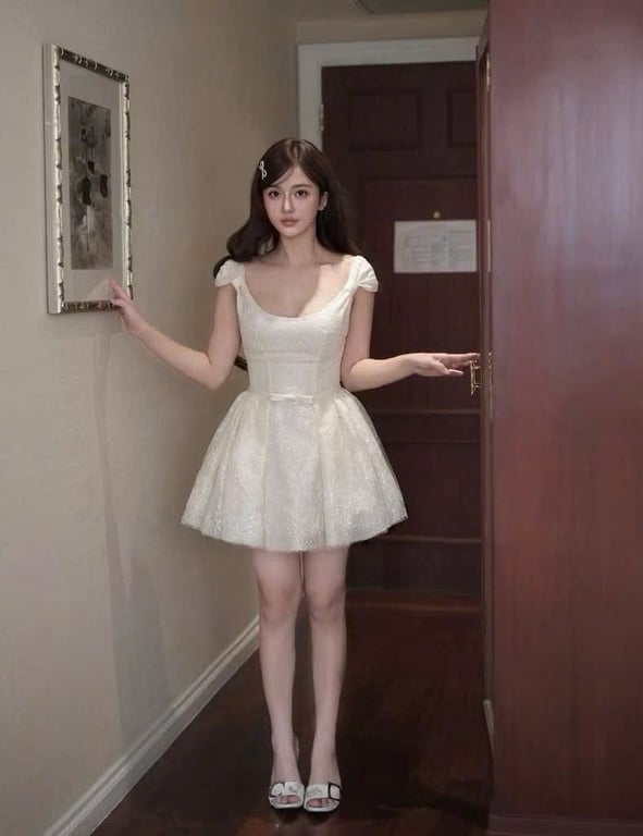Váy kem ren hoa tuyết nơ eo - sz M