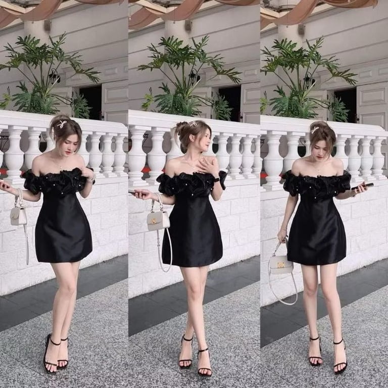 ( Thái Trần Hà Mi ) Đầm dự tiệc trễ vai phối bèo