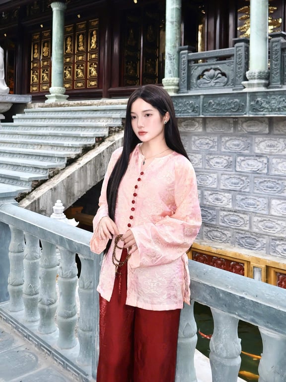 Set pháp phục cổ V cúc bọc - xanh, hồng