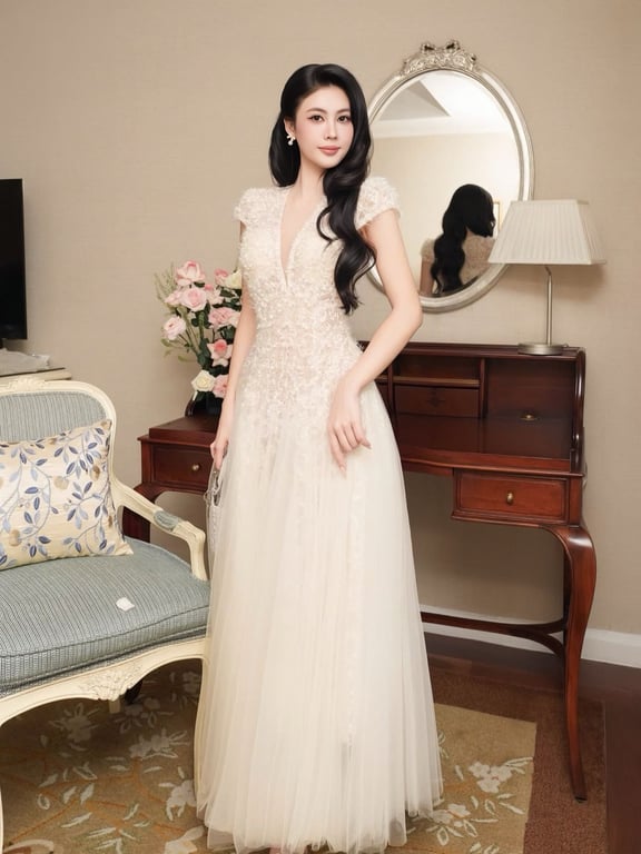 Đầm cổ V ren bông tay phồng