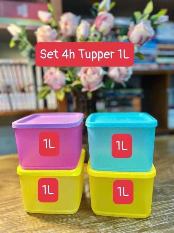 TUP11 - Set 4 hộp Tupperware ngăn mát dung tích 1000ml, mix màu
