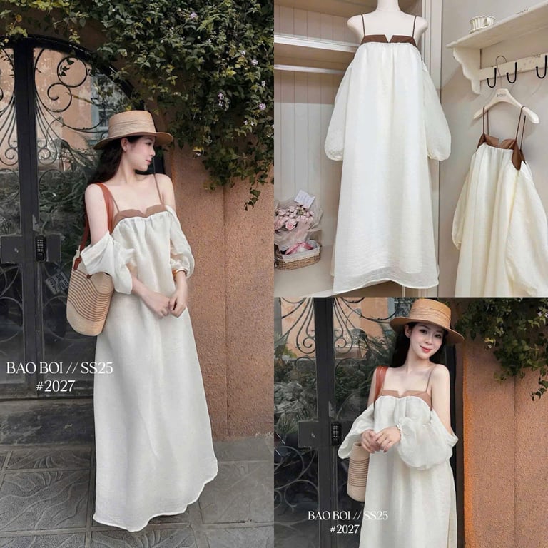Maxi trẽ vai màu kem viền nâu DL030