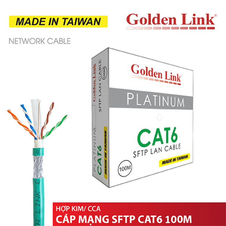Dây Cáp Mạng Golden Link SFTP Cat6 Platinum TAIWAN 100m/Cuộn (Xanh lá)